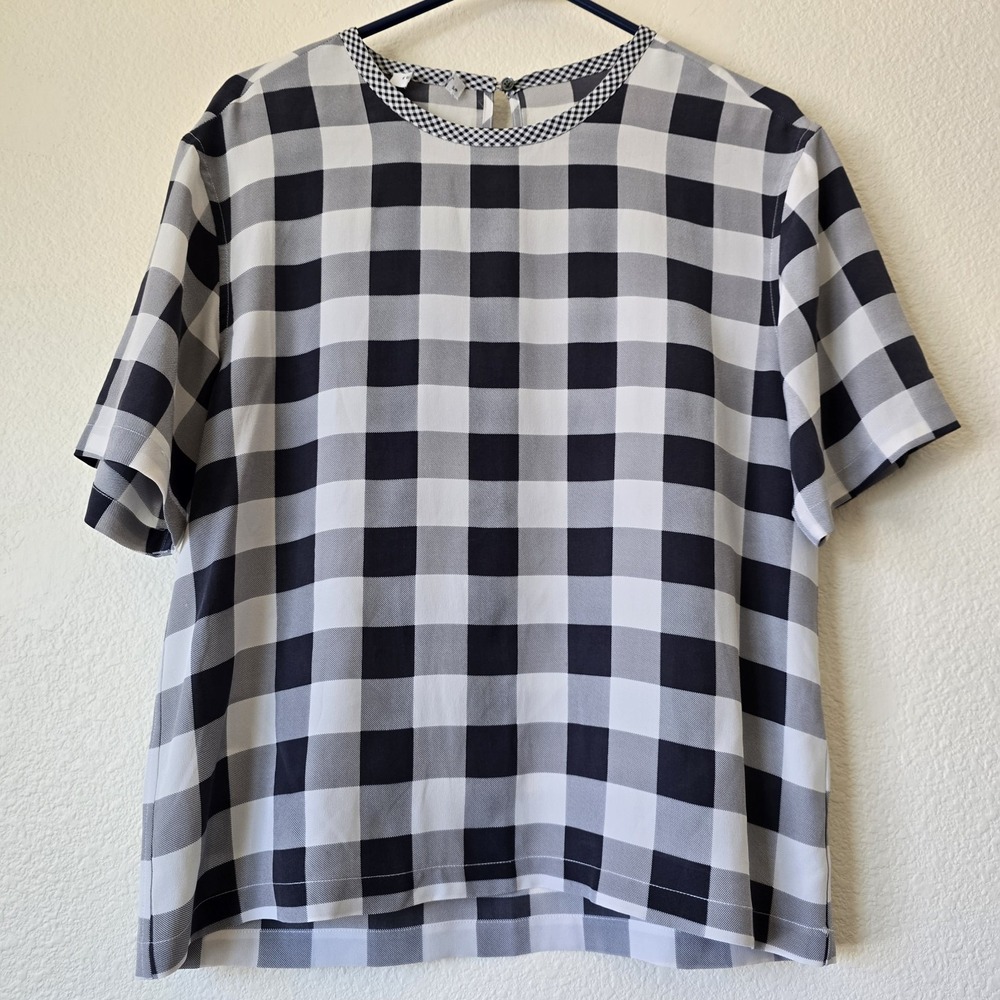 Equipment Gingham Buffalo Plaid 100% Silk Short Sleeve Blouse Boxy Chic‎ Sz SP